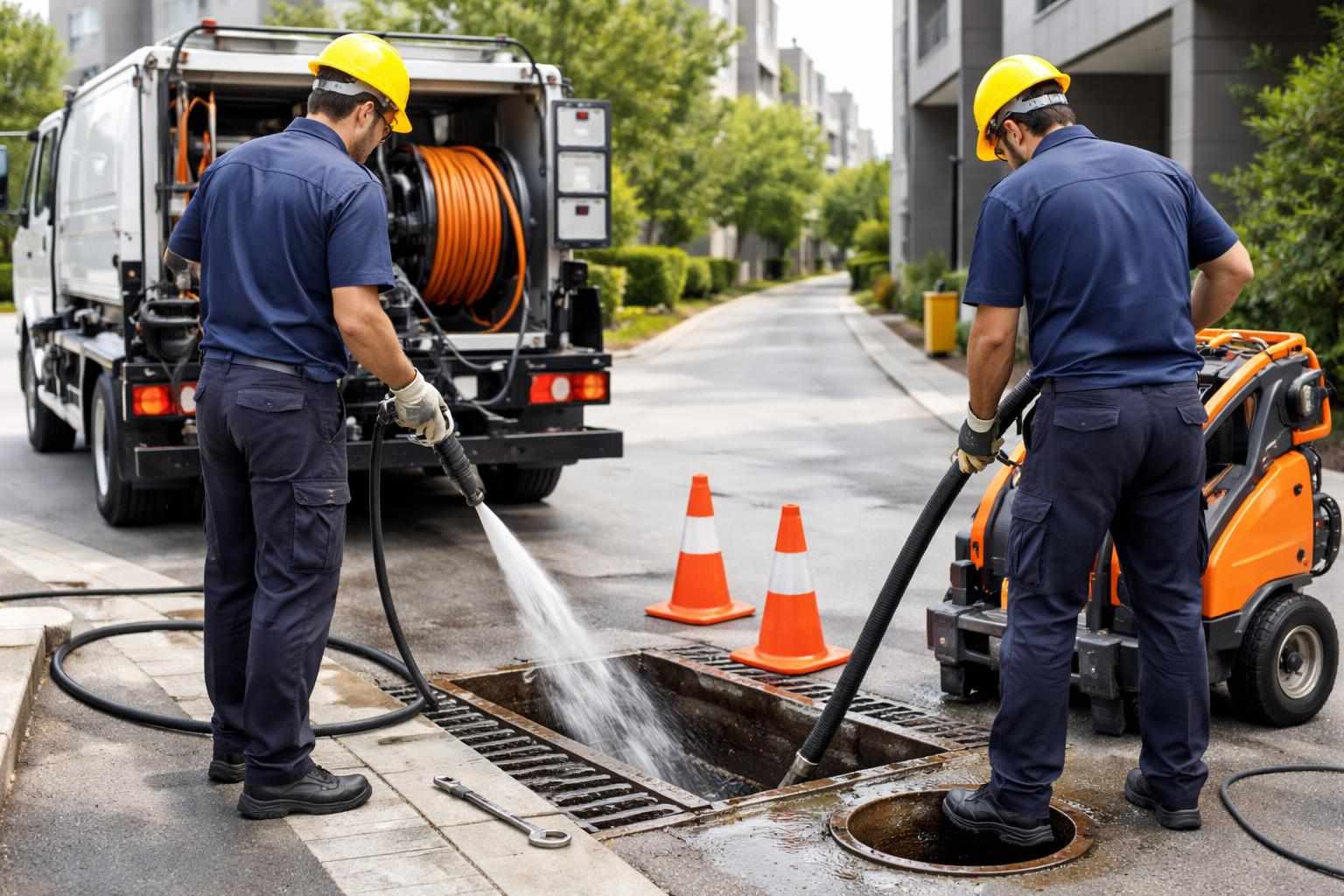 示意圖:技術人員在台南建築外使用專業設備疏通排水管道